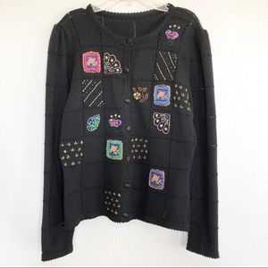 Vintage 90s Wool Blend Black Sequined Cardigan M